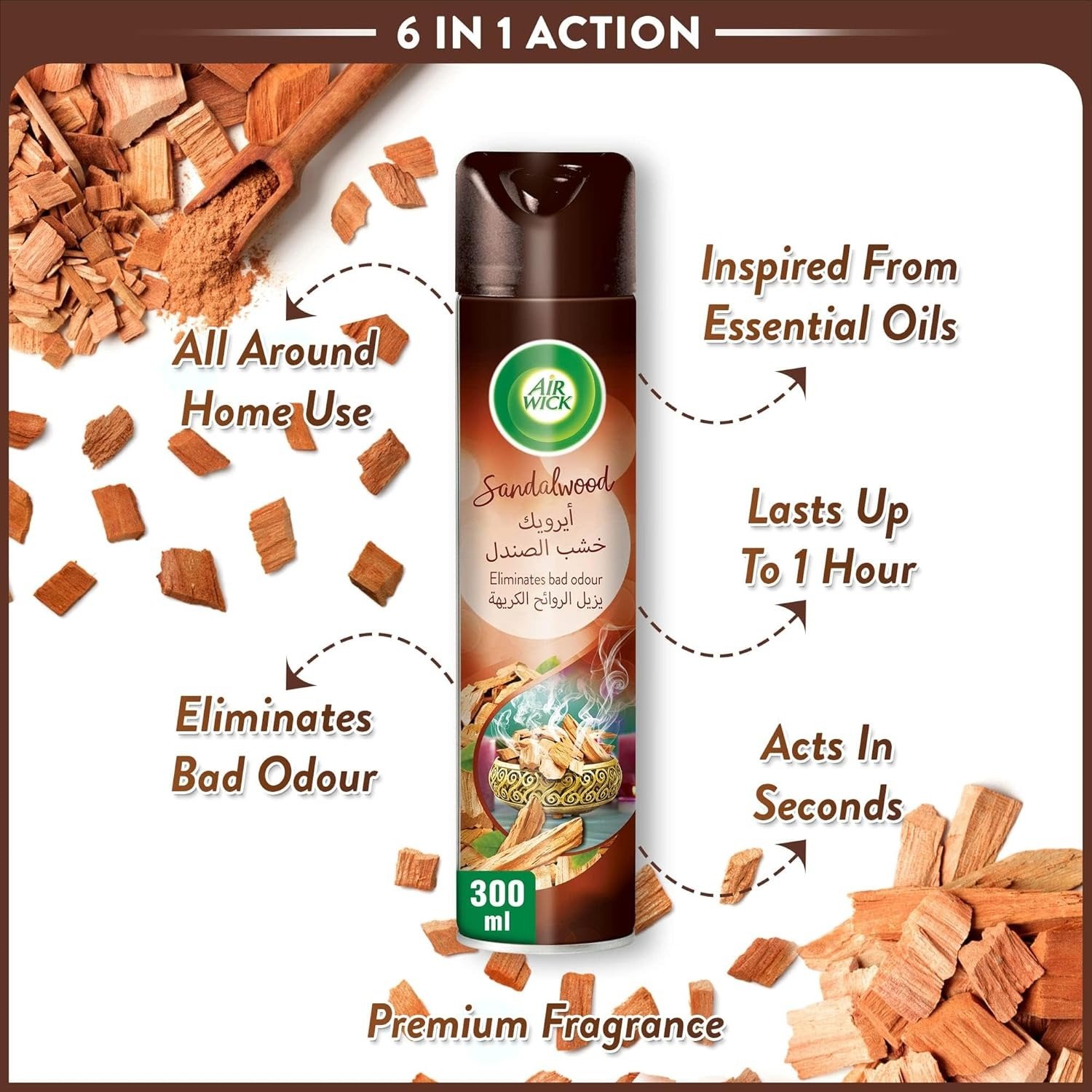 Air Wick Aerosol Air Freshener – Sandalwood Scent – 300ml | Odour Neutralizer Spray for Home, Office & More - Image 4