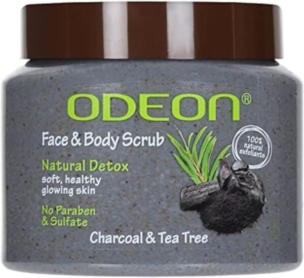 ODEON Charcoal & Tea Tree Oil Body Scrub (300ml) | Face Scrub for Oily Skin | Fight Odour & Bacteria | Gentle Exfoliating for Natural Detox, Soft & Glowing Skin