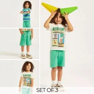 Juniors 3-Piece T-Shirt & Shorts Set for Toddler Boys – Cotton, Printed, Casual Wear (1–6 Years)