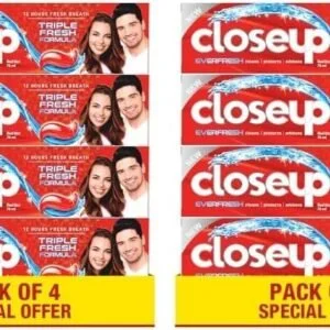 CLOSE UP Triple Fresh Gel Toothpaste, for 12 hours fresh breath, Red Hot Flavor, With antibacterial mouthwash & microshine crystals, l (Pack Of 4)